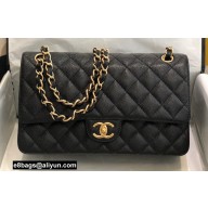 Chanel New Medium Classic Flap Handbag in Caviar Leather with Edge Stitching Black/Gold