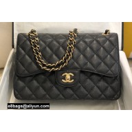 Chanel Large/Jumbo Classic Flap Handbag A58600 in Caviar Leather with Edge Stitching Black/Gold