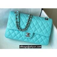 Chanel Medium Classic Flap Handbag A01112 in Caviar Leather with Edge Stitching Tiffany Blue/Silver