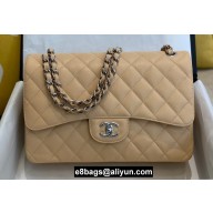 Chanel Large/Jumbo Classic Flap Handbag A58600 in Caviar Leather with Edge Stitching Beige/Silver