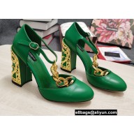 Dolce & Gabbana Logo Heel 10.5cm Chain leather T-strap Pumps Green 2022