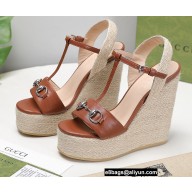 Gucci Platform 4cm Heel 13cm Wedge Sandals Leather Brown with Horsebit