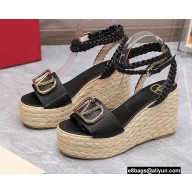 Valentino VLogo Signature Raffia Platform 4cm Heel 11cm Wedge Sandals Black