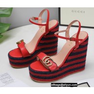 Gucci Leather Striped Platform 4cm Heel 13cm Wedge Sandals Red with Double G