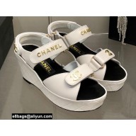 Chanel Logo Wedge Platform Sandals White 2022