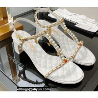 Chanel Heel 5cm Chain Lambskin and Jewelry Sandals White 2022