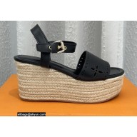 Louis Vuitton Perforated Calf Leather Starboard Wedge Espadrilles Sandals Black 2022