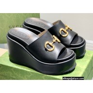 Gucci Heel Platform Slide Sandals Horsebit Leather Black 2022