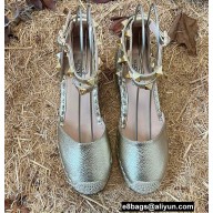 Valentino Grainy Calfskin Double Rockstud Wedge Espadrilles Metallic Gold