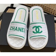 Chanel Logo Woven Slides Mules White/Green 2022