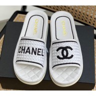 Chanel Logo Woven Slides Mules White/Black 2022