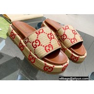 Gucci Heel 5.5cm Platform 4cm GG Slide Sandals Raffia Fabric Red 2022