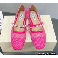 Jimmy Choo Ade Fishnet Mesh and Nappa Flats with Pearl-Embellished Strap Fuchsia 2022
