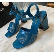 Chanel Heel 7.5cm Patent Leather Sandals Dark Blue 2022