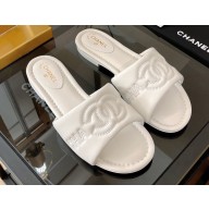Chanel Logo Embroidery Flat Mules White 2022
