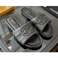 Chanel Logo Embroidery Flat Mules Black 2022