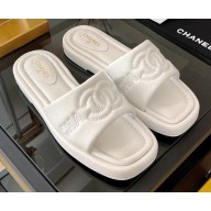 Chanel Logo Embroidery Slides Mules White 2022