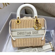 Lady Dior Medium Bag in Natural Wicker and Blue Dior Oblique Jacquard White 2022
