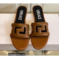 Versace Greca Maze Calfskin Flat Sandals Brown 2022