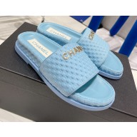 Chanel Logo Checked wool fabric Mules Light Blue 2022