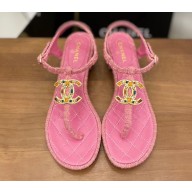 Chanel Heel Jewel CC Logo Thong Sandals G36402 Tweed Pink 2022