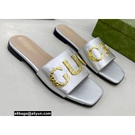 Gucci logo with star leather slides 694858 Silver 2022
