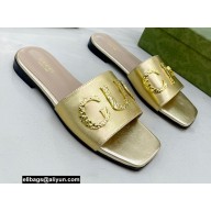 Gucci logo with star leather slides 694858 Gold 2022