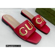 Gucci logo with star leather slides 694858 Red 2022