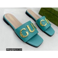 Gucci logo with star leather slides 694858 Blue 2022