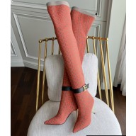 Balmain Heel 9.5cm Bicolor knit Raven thigh-high boots with monogram strap 04 2022