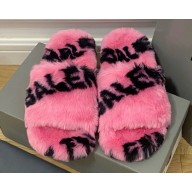 Balenciaga Allover Logo Furry Slide Sandals Pink 2022
