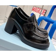 Prada Chocolate high-heeled brushed leather loafers Black 2022
