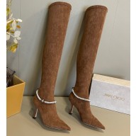 Jimmy Choo Heel 8.5cm Suede High Boots Brown With Crystal Strap 2022