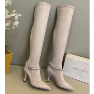 Jimmy Choo Heel 8.5cm Suede High Boots Light Gray With Crystal Strap 2022
