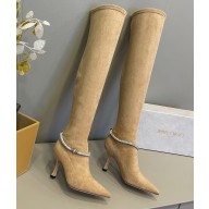 Jimmy Choo Heel 8.5cm Suede High Boots Beige With Crystal Strap 2022