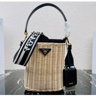 Prada Wicker and canvas bucket bag 1BE062 Black 2022
