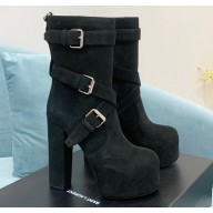 Saint Laurent Heel 14.5cm Platform 5.5cm Cherry Buckle-Trio Booties Suede Black 2022