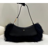Fendi O’Lock Swing leather and fox fur Pouch Bag Black