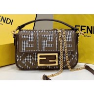 Fendi Mini Baguette houndstooth wool bag with FF embroidery Brown