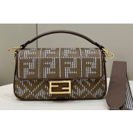 Fendi Medium Baguette houndstooth wool bag with FF embroidery Brown