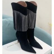 Amina Muaddi Heel 9.5cm Lily crystal Fringe Suede boots Black 2022