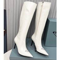 Prada Heel 8.5cm leather iconic triangle logo knee-high Boots Brushed White