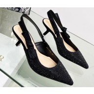Dior Heel 6.5cm J'Adior Slingback Pumps in Black Cotton Embroidered with Strass 2023