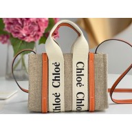 Chloe Mini Woody tote bag in linen canvas and shiny calfskin with Woody ribbon and Strap 02