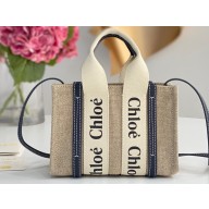 Chloe Mini Woody tote bag in linen canvas and shiny calfskin with Woody ribbon and Strap 03