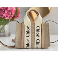 Chloe Mini Woody tote bag in linen canvas and shiny calfskin with Woody ribbon and Strap 05