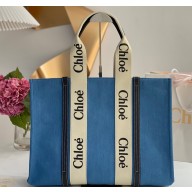 Chloe Large Woody tote bag in linen canvas and shiny calfskin with Woody ribbon 09