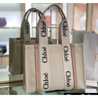 Chloe Medium Woody tote bag in linen canvas and shiny calfskin with Woody ribbon 02