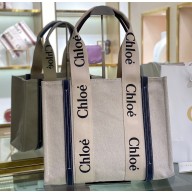 Chloe Medium Woody tote bag in linen canvas and shiny calfskin with Woody ribbon 03
