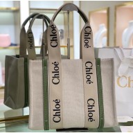 Chloe Medium Woody tote bag in linen canvas and shiny calfskin with Woody ribbon 04